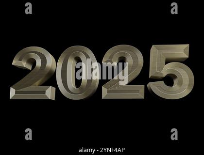 Glänzender goldener 2025 3D-Schriftzug für das bevorstehende Neujahrsfest auf schwarzem Hintergrund Stockfoto