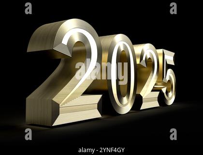 Glänzender goldener 2025 3D-Schriftzug für das bevorstehende Neujahrsfest auf schwarzem Hintergrund Stockfoto
