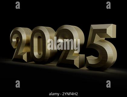 Glänzender goldener 2025 3D-Schriftzug für das bevorstehende Neujahrsfest auf schwarzem Hintergrund Stockfoto