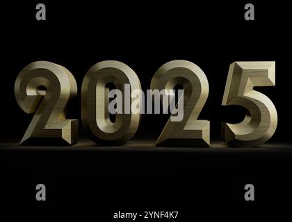 Glänzender goldener 2025 3D-Schriftzug für das bevorstehende Neujahrsfest auf schwarzem Hintergrund Stockfoto