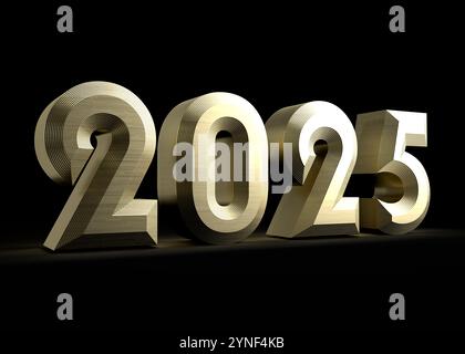 Glänzender goldener 2025 3D-Schriftzug für das bevorstehende Neujahrsfest auf schwarzem Hintergrund Stockfoto