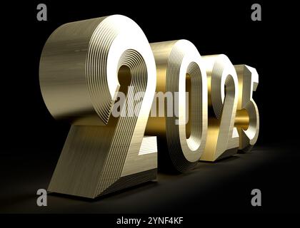 Glänzender goldener 2025 3D-Schriftzug für das bevorstehende Neujahrsfest auf schwarzem Hintergrund Stockfoto