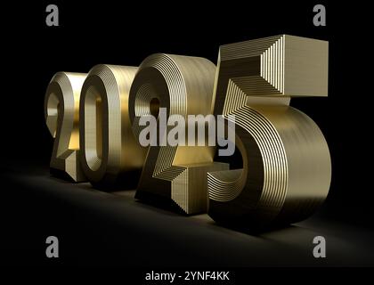 Glänzender goldener 2025 3D-Schriftzug für das bevorstehende Neujahrsfest auf schwarzem Hintergrund Stockfoto