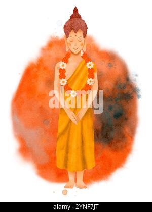 An illustration features a serene Buddha figure beautifully adorned with vibrant flowers against a soft background. Isolated watercolor object on a white background for design of a booklet, flyer, websites, label or advertisement.  Stockfoto