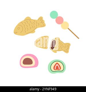 Traditionelle japanische Desserts, Dango, Taiyaki und Mochi. Vektorillustration isoliert auf weißem Hintergrund. Stock Vektor