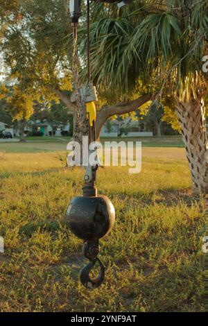 Ein isolierter schwarzer Krankugelhaken hängt an einem Kabel, das an einem Kran befestigt ist. Grünes Gras und Bäume im Hintergrund. Stockfoto