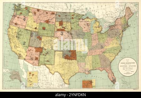 Karte mit Indianerreservierungen : innerhalb der Grenzen der Vereinigten Staaten / erstellt unter der Leitung von Hon. W.A. Jones, 1898. Vintage Geographische Karte der Vereinigten Staaten von Amerika. Stockfoto