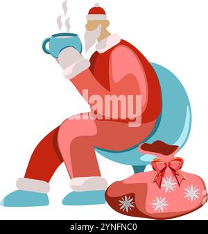 Der Weihnachtsmann trinkt heiße Kakaovektor-Illustration in flacher Technik Stock Vektor