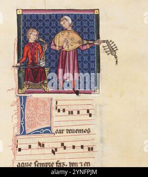 Cantigas de Santa María, Codex der Musiker, B-I-2 162R Laute, Rebab, Notation. Stockfoto