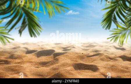 Meereslandschaft mit Palmenzweigen und sauberem beigem Sand im Vordergrund. Sommer Strand Hintergrund aus Sand, Meer und Palmblättern. Tropischer Sommer Hintergrund Stockfoto