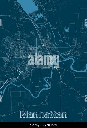 Eine detaillierte Karte von Manhattan, Kansas, im minimalistischen Stil dargestellt. Die Karte hat einen dunkelblauen Hintergrund mit weißen Linien, die Straßen darstellen Stock Vektor