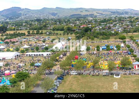 Aus der Vogelperspektive auf den ausstellungsflächen der Christmas Show Parade, Canterbury A&P Showgrounds, Wigram, Christchurch (Ōtautahi), Canterbury, Neuseeland Stockfoto