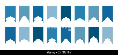 Formen Sie islamische Fenster und Bögen. Set aus muslimischen Rahmen in blauen Farben. Silhouetten der arabischen Tür. Traditionelle Vektorillustration Stock Vektor