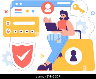 Cyber Security Vector Illustration von Datenschutz, Sicherheitsmaßnahmen und sicheren Systemen für Netzwerke, Internet und Backup-Server im Hintergrund Stock Vektor