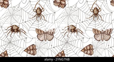 Schwarzes Spinnennetz mit Perlen, Spinne und Schmetterlingen für Halloween Party Muster Aquarellillustration. Arachniden der Ordnung Arthropoden isoliert fr Stockfoto