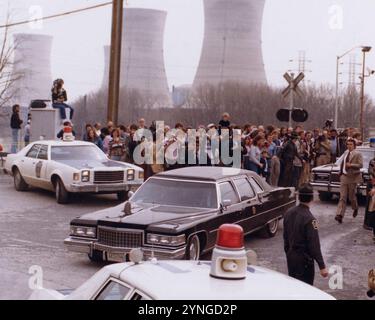 Carter verlässt Three Mile Island (abgeschnitten). Stockfoto