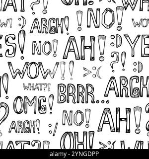 Abstraktes nahtloses Muster mit handgezeichnetem trendigem Text mit Buchstaben, Phrasen, Wörtern, Worten und Emoji-Zeichen für Überraschung und Reaktion auf weißes Ba Stock Vektor