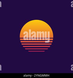 Sonnenuntergang im Retro-Stil. Sun für Cyberpunk. Set aus neonfarbenen Verlaufsgrafiken für das Sommer-Logo. Vektorabbildung Stock Vektor