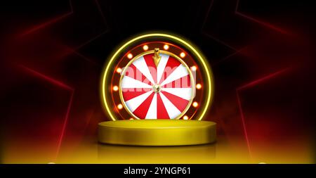 3D Casino Neon Podium mit Pokerspiel Roulette. Gold-Gewinner-Plattform für Bonus oder Werbeaktion. Glücksspiel-Website Begrüßungsvorlage mit rotem Licht. Vegas-Rad-Grafik mit goldener Bühnendesignszene Stock Vektor