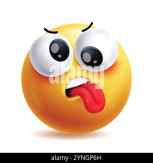 Müde Emoji Clipart Charakter. Stress Clip Art Gesichtsausdrücke wie Unwohlsein, abgenutzt, Ermüdung, erschöpft und traurig, rundes gelbes Grafikdesign. Stock Vektor