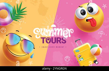 Sommertouren mit Emoji-Clipart-Design. Sommertext mit Emojis-Charakteren in müden, coolen und heißen Gesichtern für den Urlaub in Orange und Pink Stock Vektor