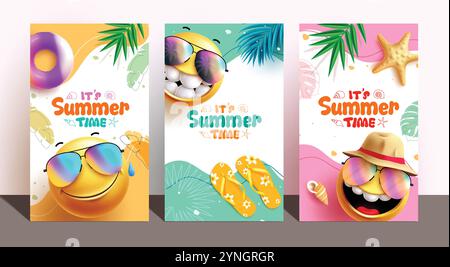Es ist Sommerzeit für die Begrüßung Emoji Clipart Poster Set. Sommertext mit Emoji-Charakteren in coolen und niedlichen, lächelnden Gesichtern auf farbenfrohen abstrakten Hintergrund Stock Vektor