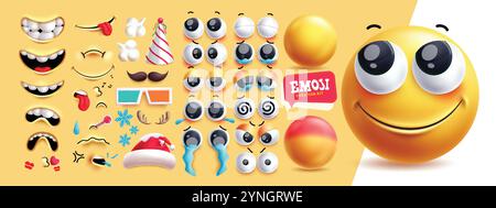 Emoji Creation Kit Clipart 3D Zeichensatz. Emoji editierbares Gesicht mit Mund, Augen, Zunge, Schnurrbart, Tränen und Partyhüten in fröhlich, süß und weinend Stock Vektor