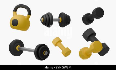 3D-Vektor-Illustration von Cartoon-Kurzhanteln, Langhanteln und Gewichten auf weißem Hintergrund. Helles, modernes Design, ideal für Sport- und Wellness-Themen Stock Vektor