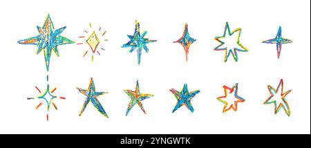 Set aus farbenfrohen Kreidesternen. Shiny- oder Glitzer-Doodle-Kollektion. Kinderstil Regenbogenwachs-Bleistift-Elemente des Nachthimmels. Vektor Stock Vektor