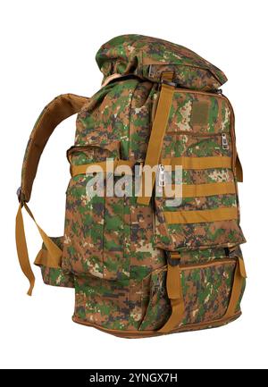 Camouflage Rucksack für den Wald und Militär Rucksack isoliert n weiß Stockfoto