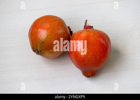 Zwei reife Granatäpfel (Punica granatum) auf einer hellen Holzoberfläche. Stockfoto