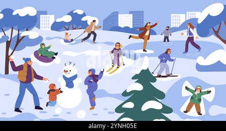 Eltern mit Kindern im Winterpark. Glückliche Leute, die Schneespiele spielen. Schlittschuhlaufen. Kinder Skifahren oder Schlittenfahren. Familie macht Schneemänner. Engel im Schnee Stock Vektor