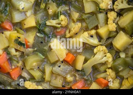 Nahaufnahme einer lebhaften Gemüsesorte im Hintergrund mit Blumenkohl, Karotten, Bohnen, Schlangenkürbis, Kartoffeln, Spitzkürbis und Gurken Stockfoto