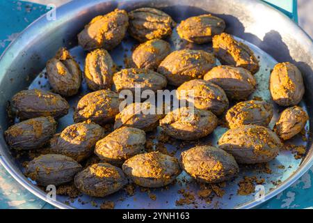 Frische grüne Oliven trocknen auf einer silbernen Platte an der Sonne, um Oliven-Gurke zu machen. Stockfoto