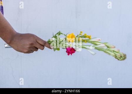 Eine Frauenhand hält einen wunderschönen Blumenstrauß aus roten und gelben Rosen und Tuberose, bereit, geschenkt zu werden. Stockfoto