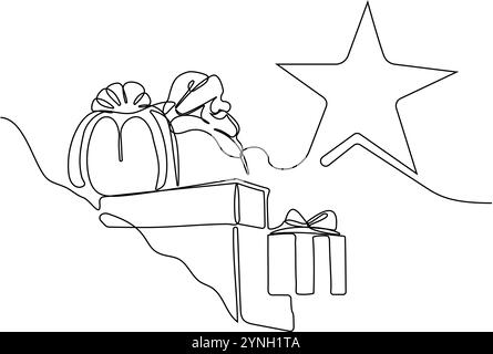 Vektor-Doodle-Illustration, Hand gezeichnet in Cartoon-Stil. Lineare Schwarzweißzeichnung des Weihnachtsmanns auf dem Dach in einem Kamin. Vektorabbildung Stock Vektor