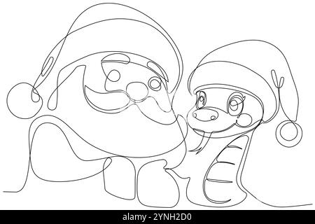 Niedlicher Cartoon Weihnachtsmann und grüne Schlange stehen neben den Winterbäumen mit Weihnachtsgeschenken. Cartoon Santa Claus mit Schlange auf blauem Hintergrund. Vektorabbildung Stock Vektor