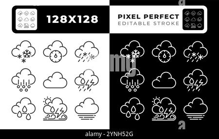 Lineare Symbole, die sich auf Wolken beziehen, sind für den dunklen, hellen Modus festgelegt Stock Vektor