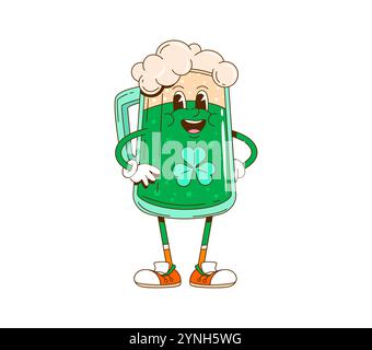 Grooviger Saint Patrick Day Bier Tankard Charakter in Retro Vektor Cartoon für irischen Urlaub. Grooviger Bierkrug mit grünem Bierkrug mit fröhlichem Lächeln und Kleeblatt für den St. Patrick Day Charakter Stock Vektor