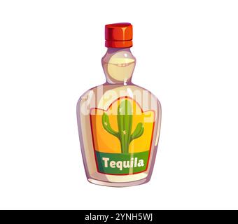 Tequila-Cartoon-Flasche mit einem Kakteen auf dem Etikett, der die kulturelle Bedeutung Mexikos repräsentiert. Isolierte Vektorglasflasche mit traditionellem hispanischen Getränk, Symbol der Kultur und Reise nach Mexiko Stock Vektor