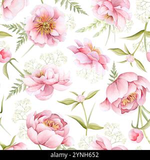 Frühlingsgartenblumen in pastellrosa und grünen Aquarellen für den Internationalen Frauentag. Pfingstrose und Rosen Stockfoto
