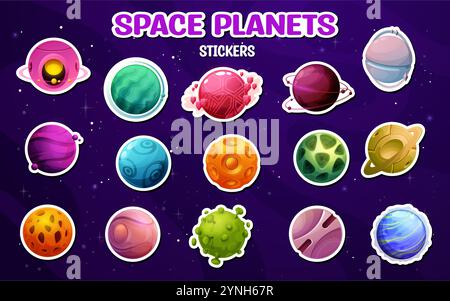 Cartoon Alien Space Planets Aufkleber. Vektor-Patches Set von lebendigen Fantasy-Galaxien-Planeten vor einem sternenvioletten Hintergrund. Bunte kosmische Welten, Himmelskörper mit Ringen, Krater Stock Vektor