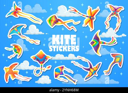 Drachenspielzeug, das in Wolken fliegt. Bunte Sommer-Spielzeug-Vektor-Aufkleber, Regenbogenfarbe goldene Fische, Schmetterling und Libelle Drachen. Fliegender Papierflügel mit bunten Bändern Stock Vektor
