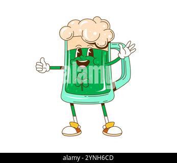 Cartoon Retro groovy Ale Bier Charakter für Patrick Day oder Irish Holiday, Vektor lustige Becher. Green-Ale-Biertankfigur in Retro-groovigem Cartoon mit Happy Face und Shamrock für St. Patrick Day Stock Vektor