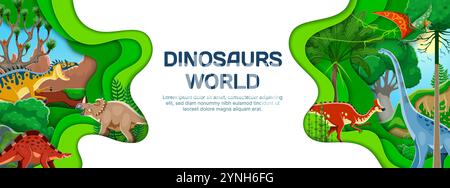 Prähistorische Dinosaurier Papier geschnittene Banner. Cartoon-Dino-Tierfiguren in einem tropischen Dschungel-Wald Jurassic-Landschaft mit Weinstöcken, Bäumen und lebendiger Natur innerhalb eines 3D-Vektor-Layered-Papercut-Rahmens Stock Vektor