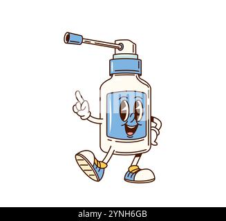 Grooviger medizinischer Nasenspray Charakter mit verspieltem Ausdruck in Sneakers, strahlt Energie und Freude aus. Isolierte Karikaturvektor Medizin Sprayer Flasche Retro Persönlichkeit vermittelt Gesundheit und funky Vibe Stock Vektor