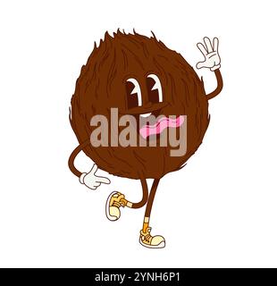 Grooviger Kokosnuss-Charakter. Isolierte Comic-Vektor-Vektor-Retro-Persönlichkeit mit tropischen Früchten oder Nüssen mit schrulligem Gesicht und klebender Zunge, mit Sneakers, die eine verspielte y2k Hippie-Atmosphäre und gesundes Essen repräsentieren Stock Vektor