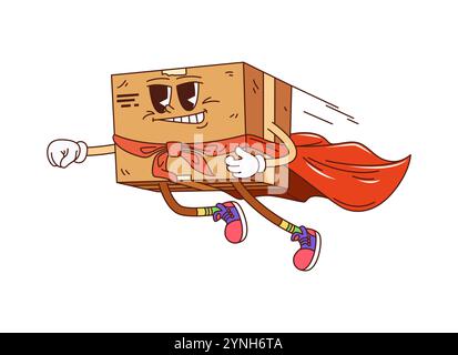 Cartoon groovige Lieferkarton Superheldenfigur. Vektor-Post-Service oder Express-Versand Retro-Persönlichkeit mit rotem cape und Sneakers, die selbstbewusst fliegen. Vereinzeltes komisches Paket, Pack Stock Vektor