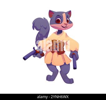 Lustige Katzenpiraten-Tierfigur mit Pistolen. Isolierte Vektor Whiskered Kätzchen Korsair Persönlichkeit trägt weißes Kleid und Lederkorsett, segelt die hohe See mit schelmigem Grinsen und Spaß Stock Vektor