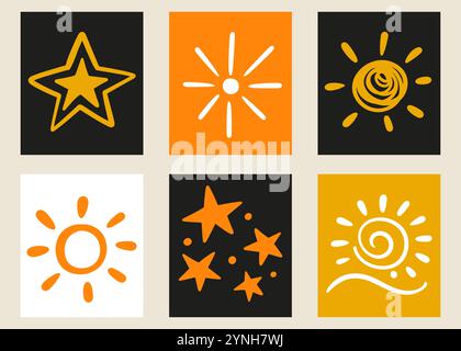 Handgezeichnete Doodle-Poster-Set Mit Scribble Sun Stars Stock Vektor
